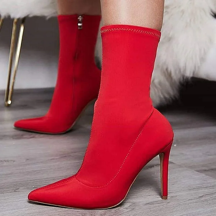 Red Lycra Zip Sock Boots Pointed Toe Stiletto Heel Mid Calf Boots |FSJ Shoes
