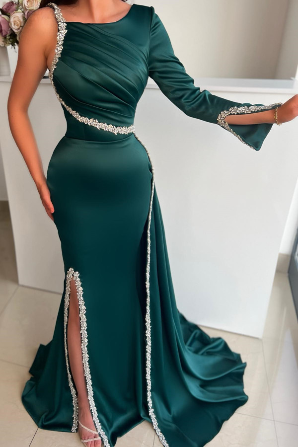 Modern Dark Green Long Sleeves Prom Dress Mermaid With Beads - lulusllly