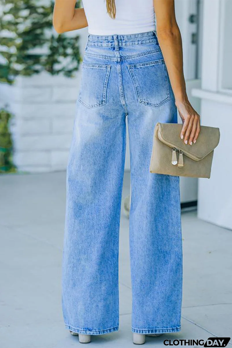 Street Solid Patchwork High Waist Boot Cut Denim Jeans