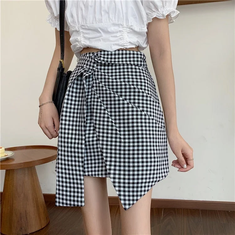 Graduation Gift  party  dress  Billlnai  2023 Black Gray Pleated Skirts Women High Waist Knoted Vintage Mini Skirts Plaid Irregular Designer Summer Skirts Plus Size 2020