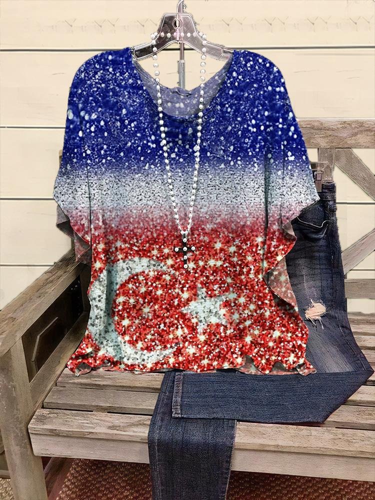 Women's New Gradient Color Flag Printing Half-sleeve V-neck T-shirt