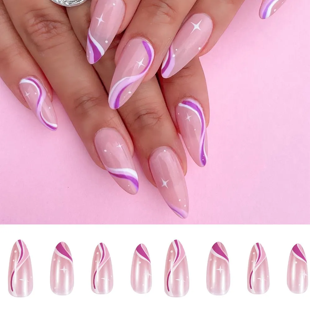 24Pcs Long Coffin False Nails with Colorful Wave Designs Wearable Fake Nail Full Cover Nail Art Tips Press on Nail Manicure Tool 515-1-Nail Inspo