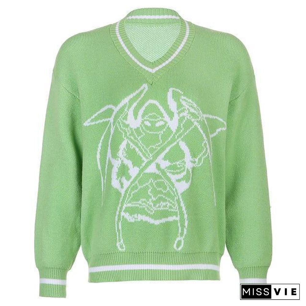 Rapcopter Y2K Sweaters Skulls Pullovers V Neck Knitwear Loose Casual Knitted Tops Women Streetwear Retro Tops Blue Autumn