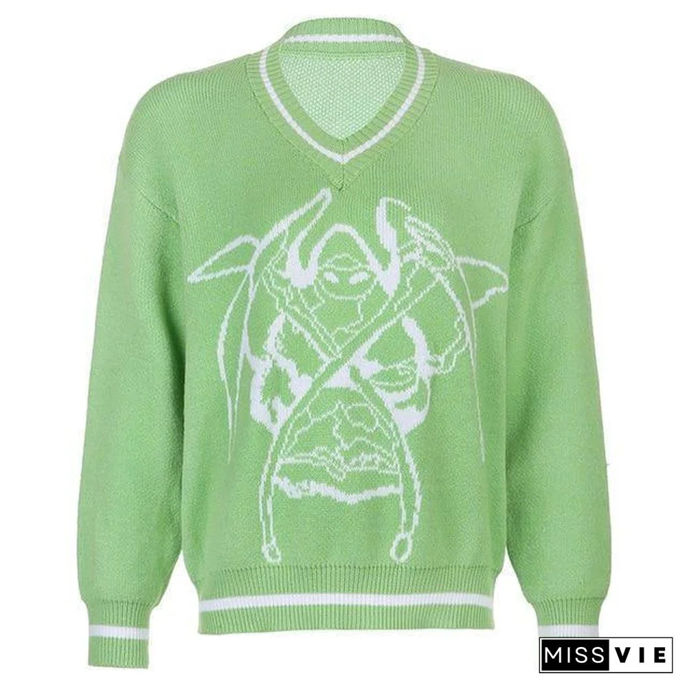 Rapcopter Y2K Sweaters Skulls Pullovers V Neck Knitwear Loose Casual Knitted Tops Women Streetwear Retro Tops Blue Autumn