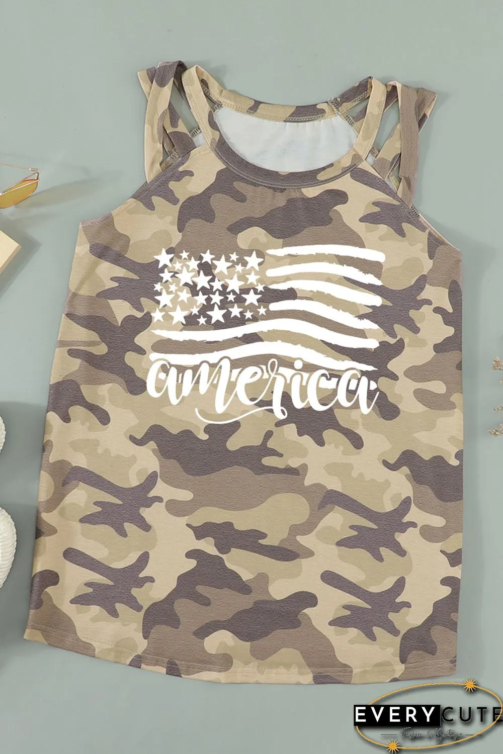 Green america Flag Camo Graphic Print Cut Out O Neck Tank Top