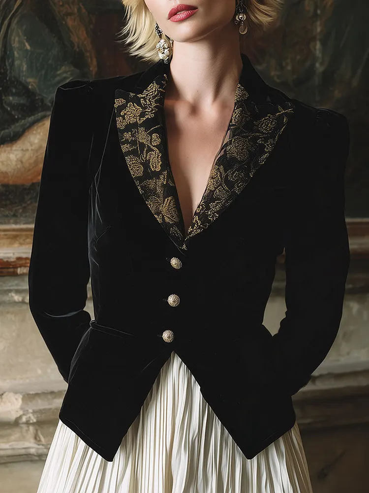 Vintage Exquisite Gold Lace Lapel Black Velvet Blazer