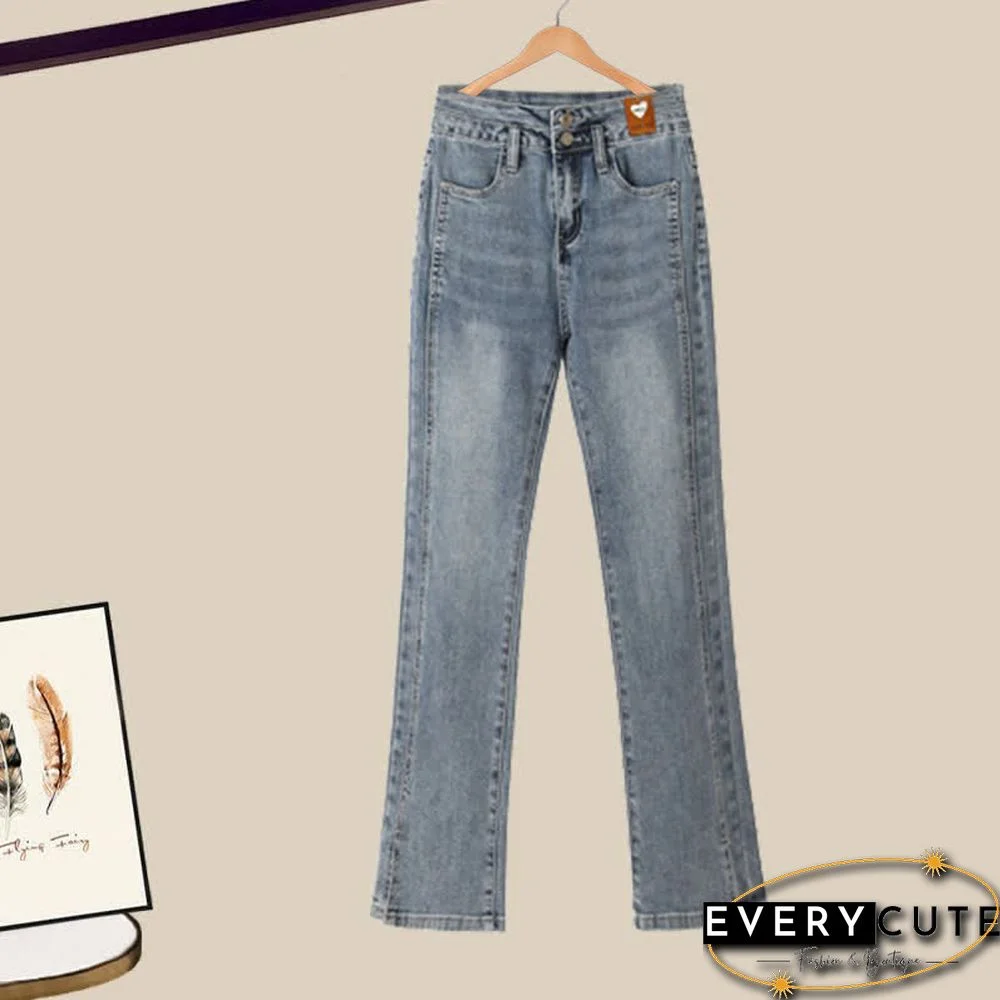 Colorblock Polo Knit Sweater Denim Pants Two Pieces Set