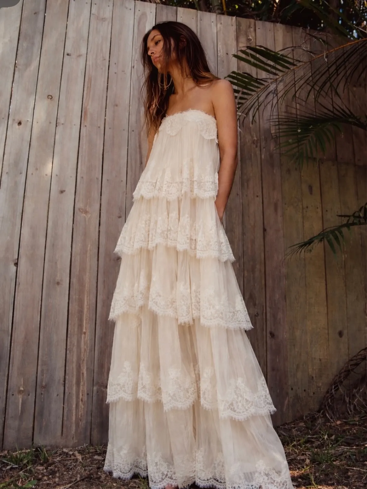 elegant cream dress Nahanee Satin Ruffle Maxi Size medium measures 33.5 from shoulder to hem Caerwyn Eyelet Embroidery Sweetheart Midi