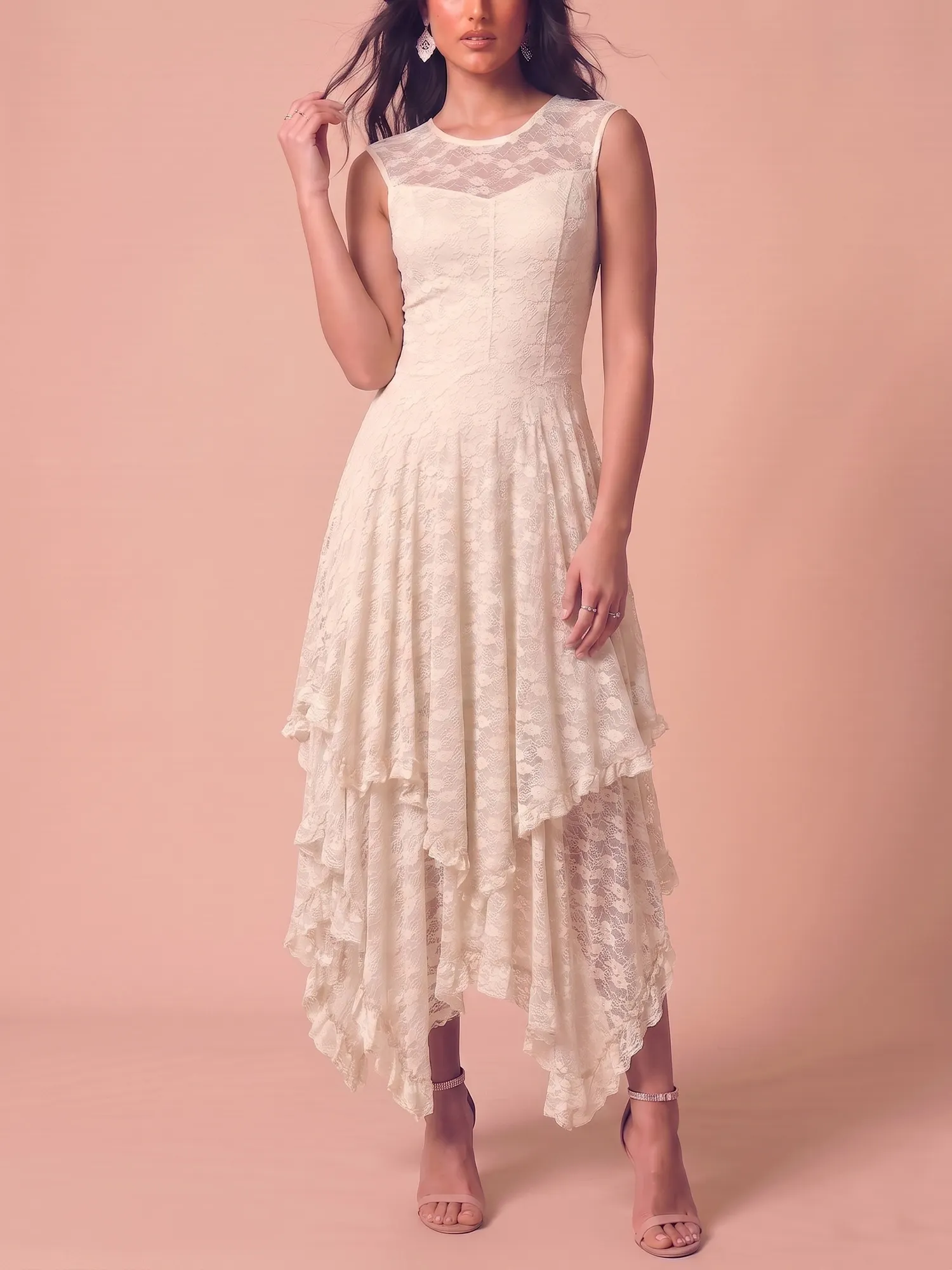 Western Dress &mdash; Ivory Beige Sweetheart Illusion Bodice Tiered Layered Lace Dress Midi Dress