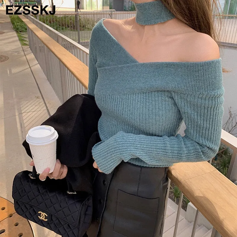 slim sexy Bib Sweater Pullovers Women  winter autumn Female 2021 sweater  long sleeve sweater top slash sweater
