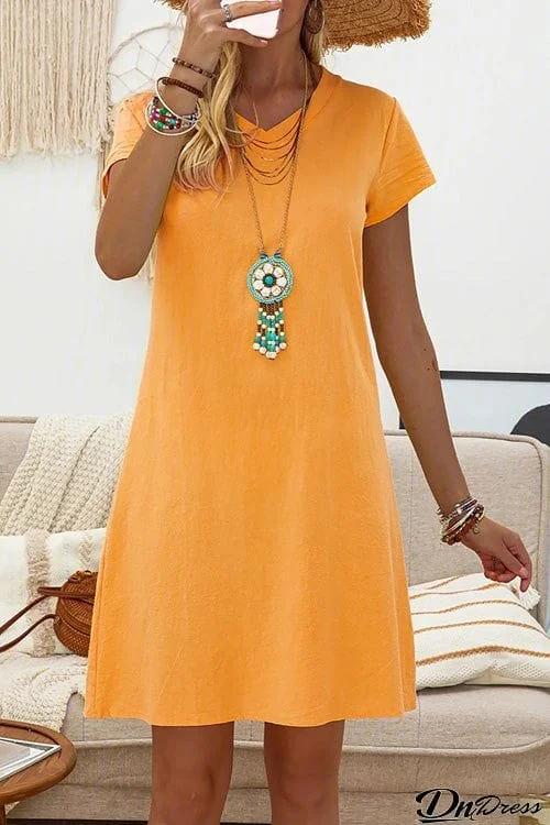 Summer Casual Solid V Neck Short Sleeve Dress