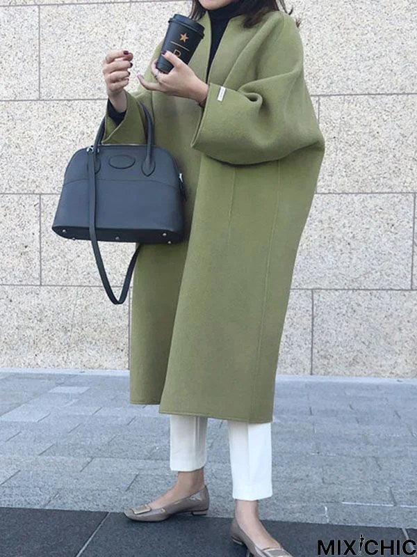 Long Sleeves Loose Solid Color Collarless Woolen Coat