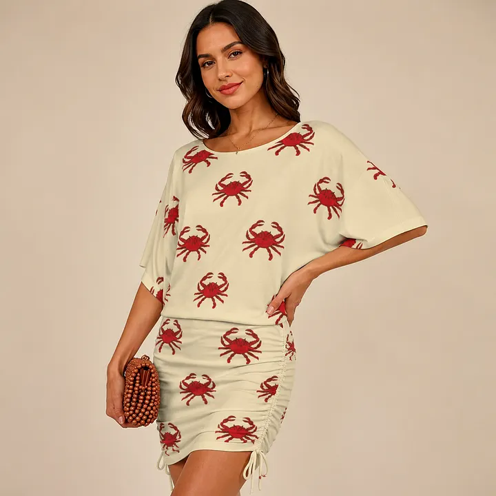 SFneewho® Nautical Crab Red Seafood Dungeness Coastal Animals Rock Batwing Mini Dress Women Side Ruched Hips-Wrapped Bodycon Dress Outfit