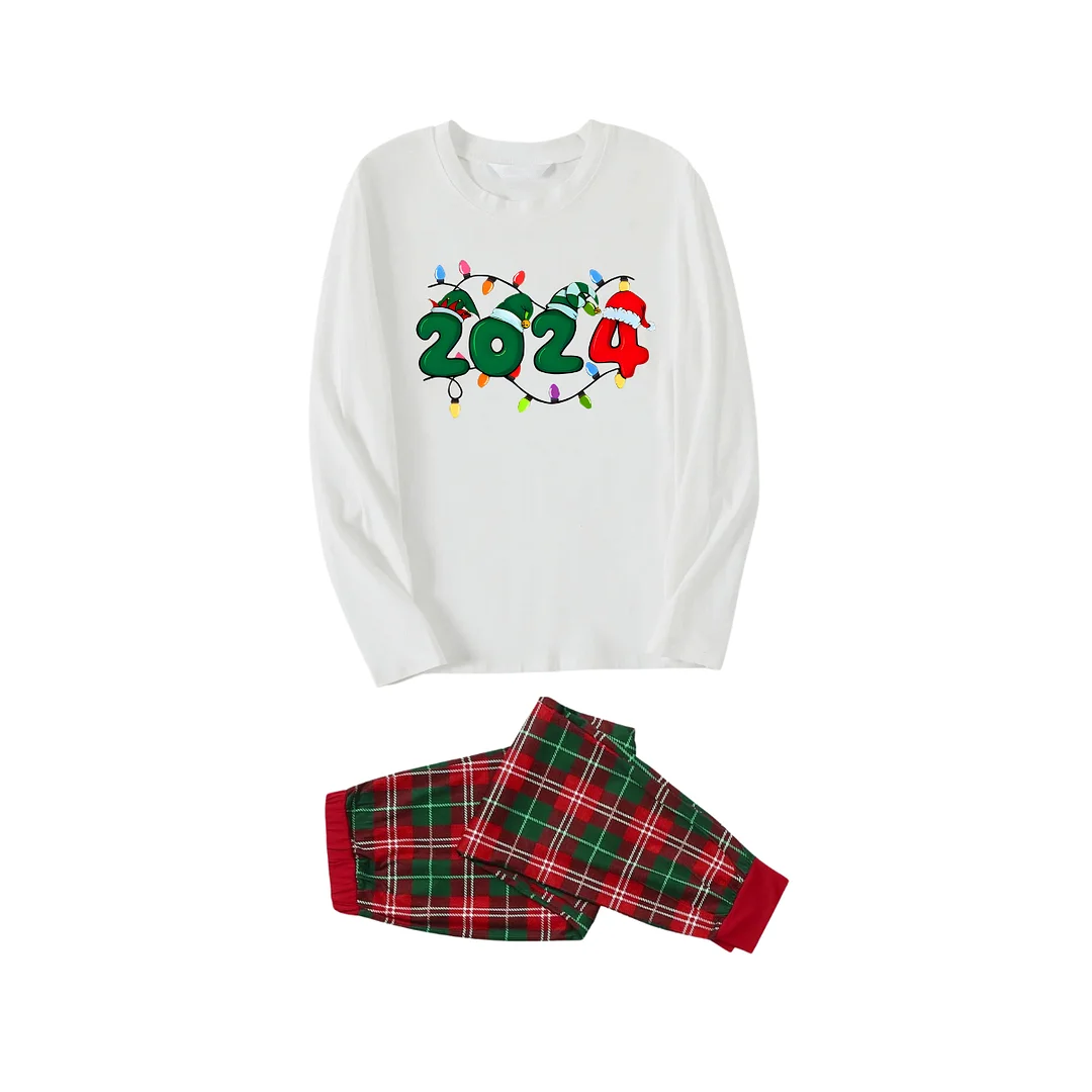 "2024" Text and Christmas Light Printed Red & Green Plaid Family Matching Pajamas
