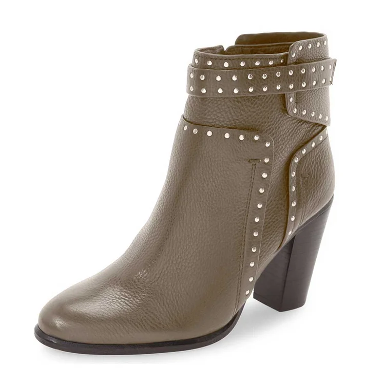 Women's Brown Chunky heel Boots Silver Studs  Ankle Boots |FSJ Shoes