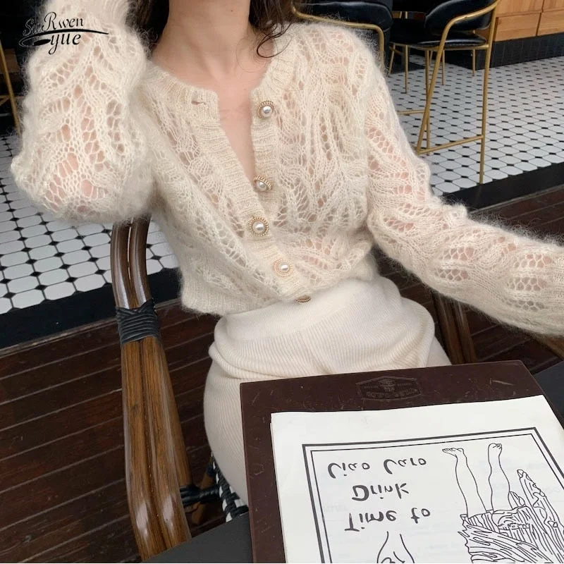 Vintage Elegant Female Cardigan Autumn Winter Long Sleeve Women Knitted Cardigan Sweater Fashion Hollow Out Sweaters Tops 16179
