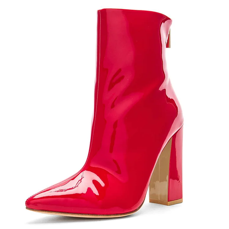 Red Metallic Chunky Heel Boots Ankle Boots |FSJ Shoes