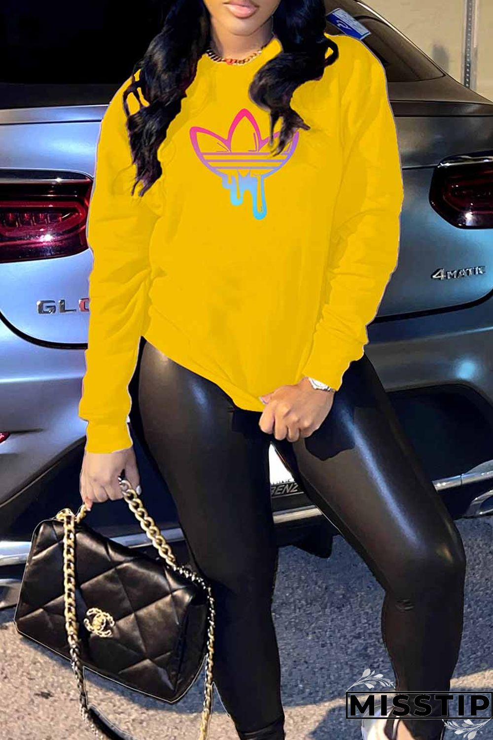 Black Casual Print Patchwork O Neck Tops