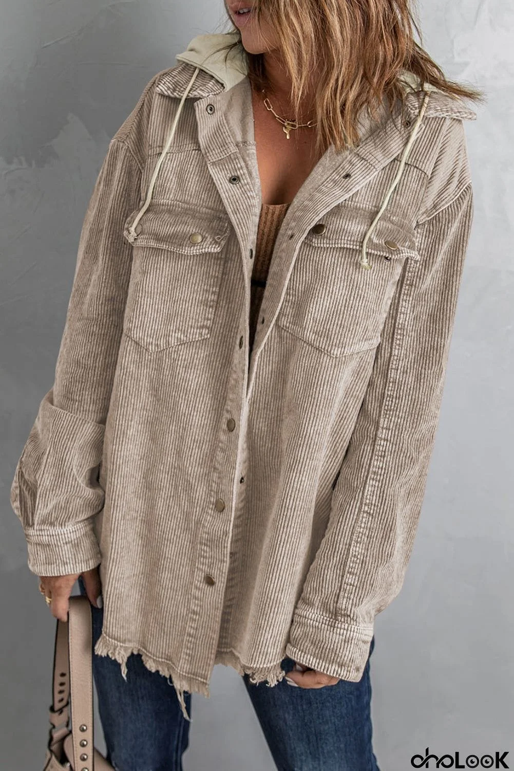 Snap Front Hooded Corduroy Shacket