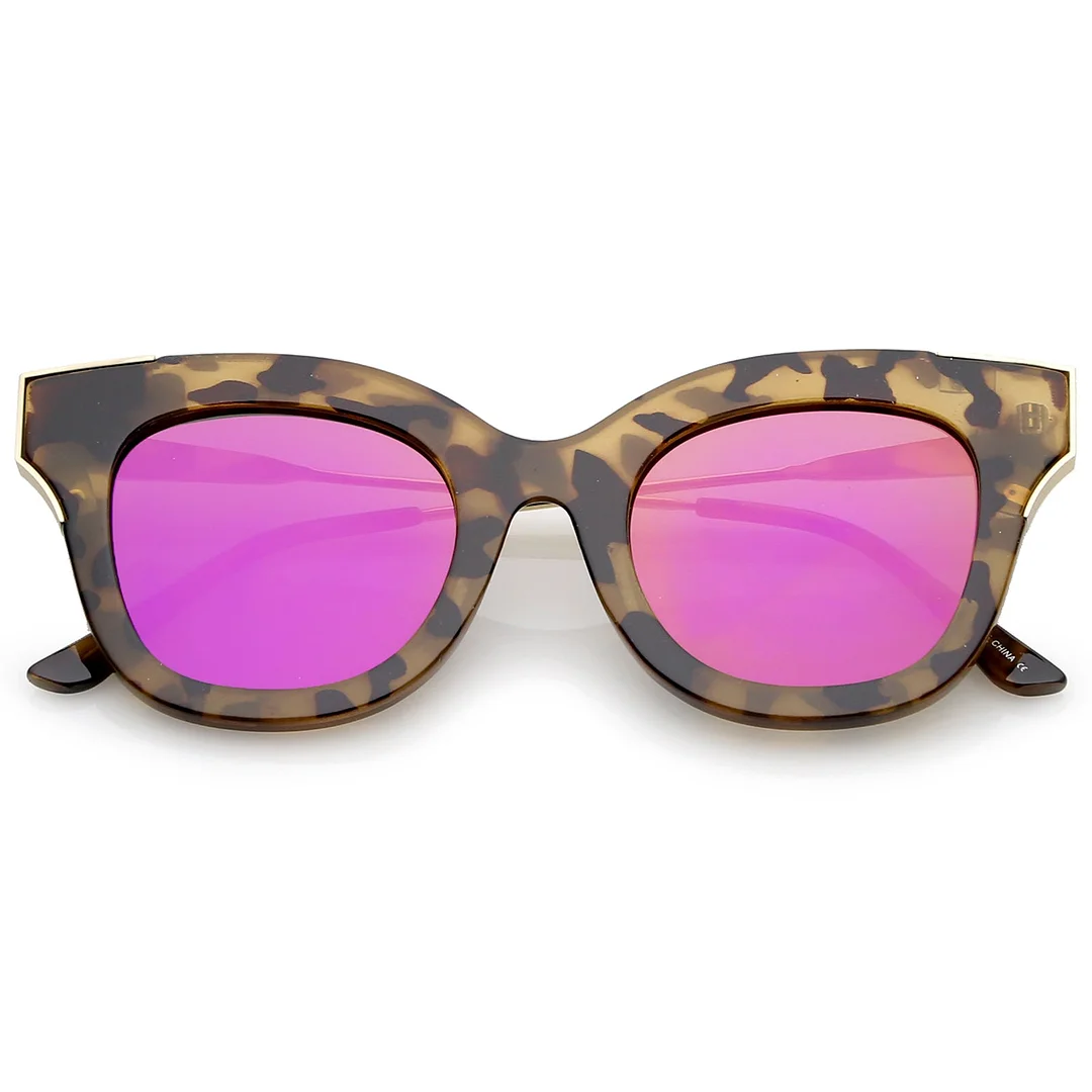 Oversize Slim Temple Metal Square Mirrored Flat Lens Cat Eye glasses 48mm