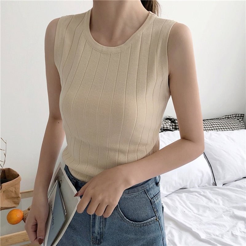 2021 Mujer Black Tank Tops Women Summer Top Elasticity White Knitted Striped Casual Womens Clothes Camiseta Haut Femme Verano