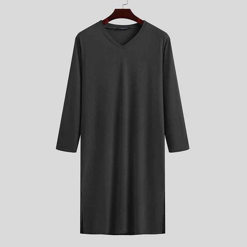 Men Robes Sleepwear Solid Color Long Sleeve Homewear Comfortable Leisure V Neck Loose Soft Nightgown Men Bathrobes S-3XL INCERUN