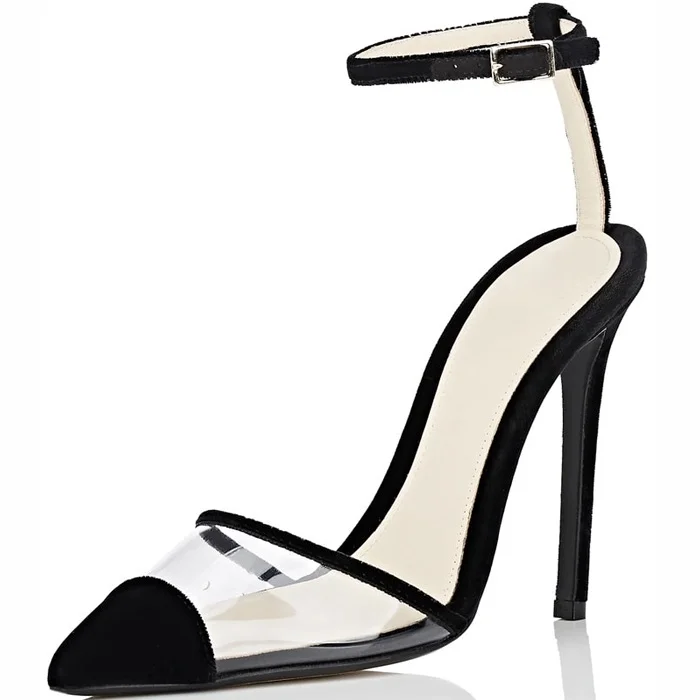 Velvet Black Ankle Strap Sandals with Clear PVC Details Vdcoo