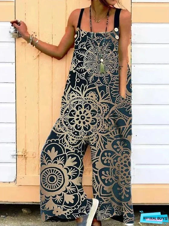 Women's Jumpsuits Loose Print Pocket Sleeveless Jumpsuit