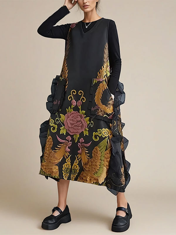 Sleeveless Jacquard Dragon Patterned Linen Midi Dress