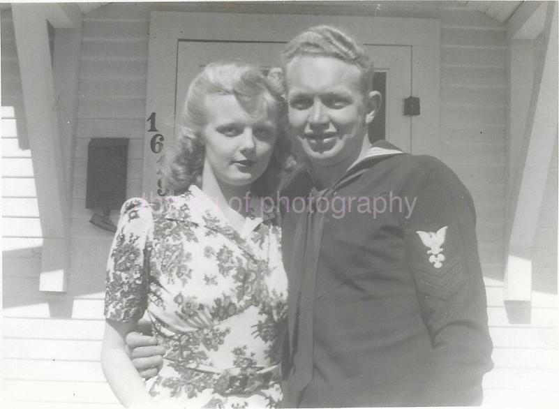 Found Photo Poster painting bw YOUNG WOMAN AND HER SAILOR MAN Original Portrait VINTAGE 98 15 O