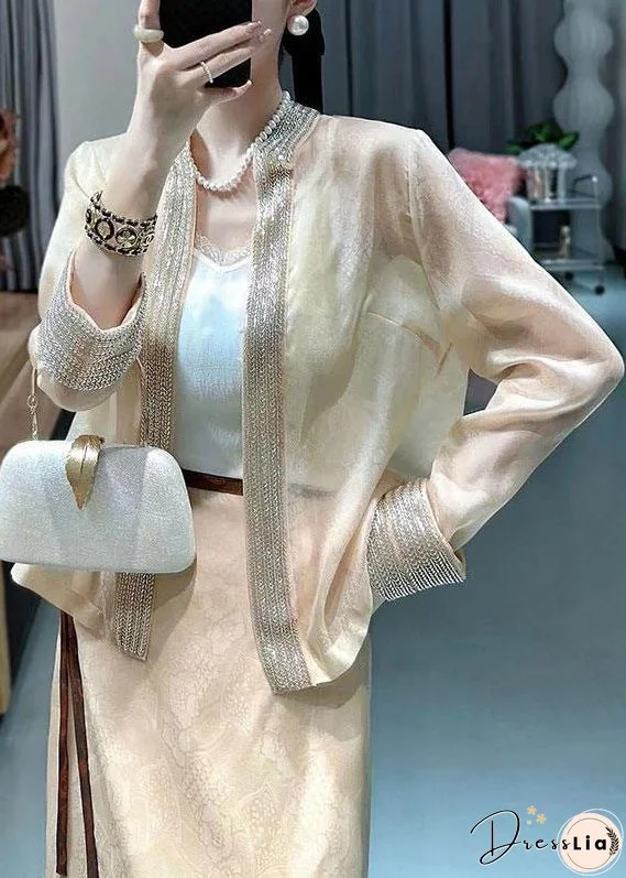 Loose Apricot V Neck Nail Bead Patchwork Silk Cardigan Fall