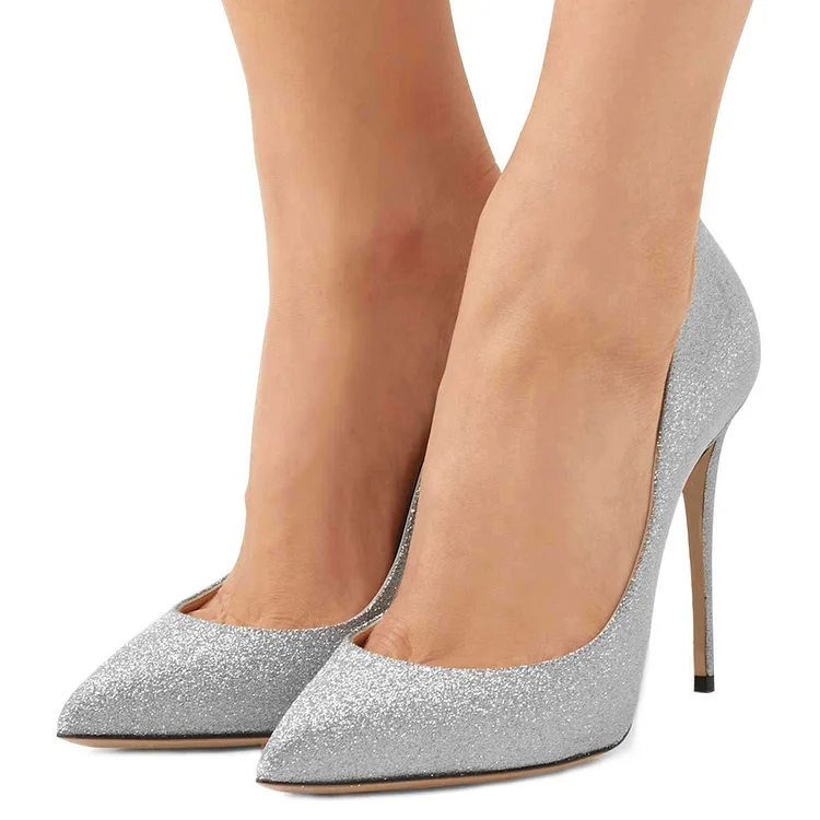Silver Glitter Shoes Stiletto Heel Pumps |FSJ Shoes