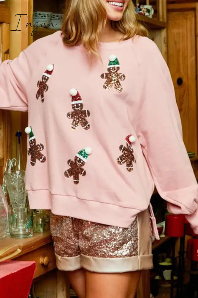 Ingvn - Casual Sweet Santa Claus Sequins Patch O Neck Tops Pink / S Tops/Sweats & Hoodies