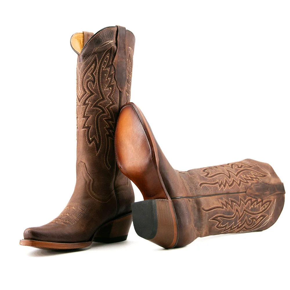 Snip Toe Embroidered Studded Chunky Heel Brown Western Boots for Women