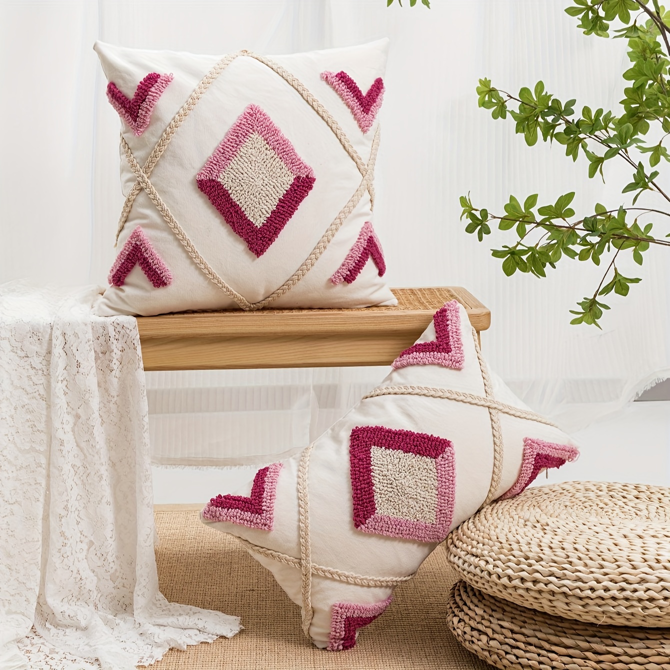 1pc Bohemian Chic Geometric Stripe Pillow Cover - Luxurious Loop Velvet Embroidery, Stylish Home Decor for Bedroom, Living Room, Sofa & Car - Handcrafted, Multi-Functional Accent Pillowcase