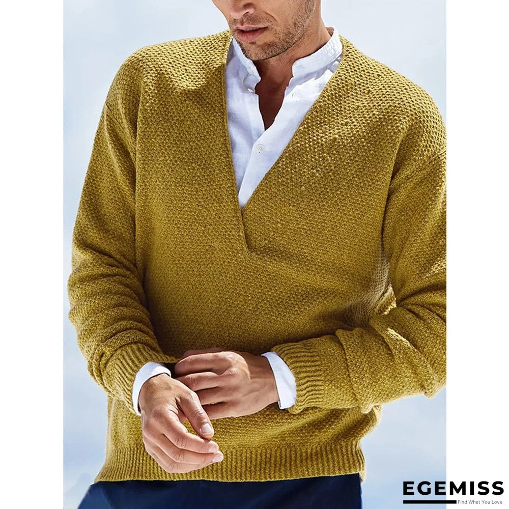 Solid Color Long Sleeve V-neck Knitted Men's Sweater | EGEMISS