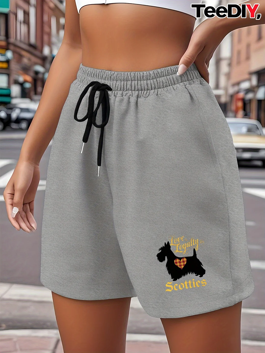 Women's Casual Shorts With "Love Loyalty" Heart Design - Gray Geometric Pattern, Drawstring Waist, Comfort Fit For Spring/Summer/Fall, Casual Wear | Playful Print | Comfortable Fit | IFYHOME