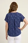 Back view of textured navy summer blouse showing back yoke detail and relaxed fit