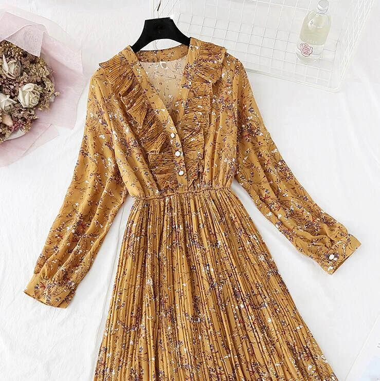 2020 Spring Summer Pleated Chiffon Dresses Women Vintage V-neck Ruffles Long Dress Long Sleeve Floral print Office Dress Vestido