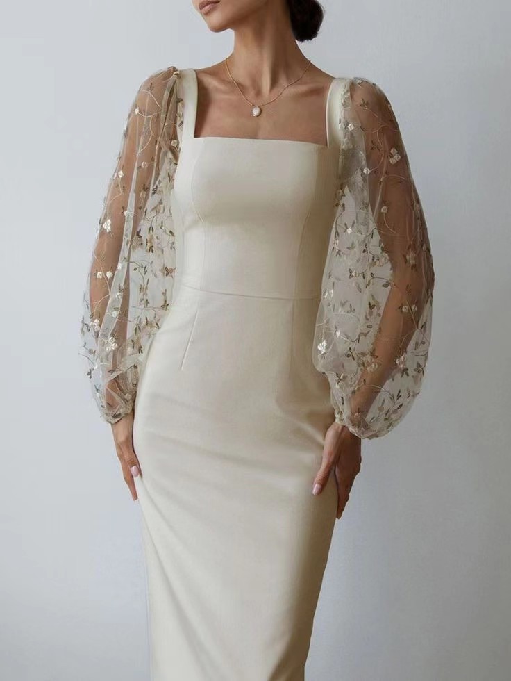 Women's Square Neck Floral Embroidery Mesh Long Sleeve Patchwork Elegant Dress | Oxredo Shop Ramadan Sale