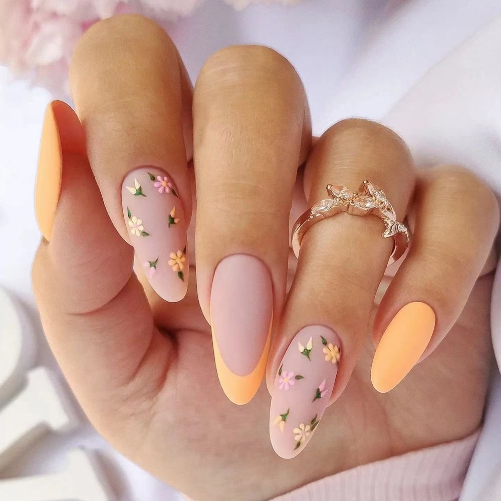 Agreedl Yellow Small Fresh Round Head Small Flower Almond False Nails Cute French Fake Nails Full Cover Nail Tips Press On Nails