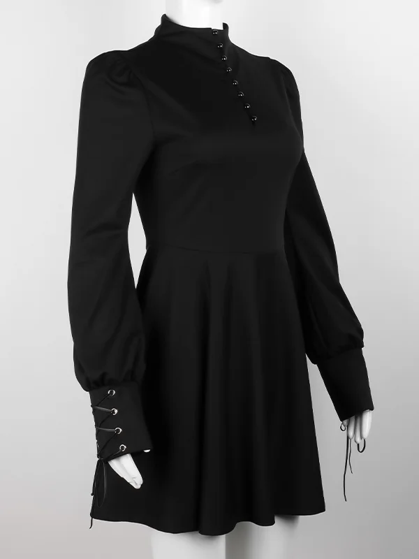 Rave Clothing Front Buttons Long Sleeve Punk Little Black Dress