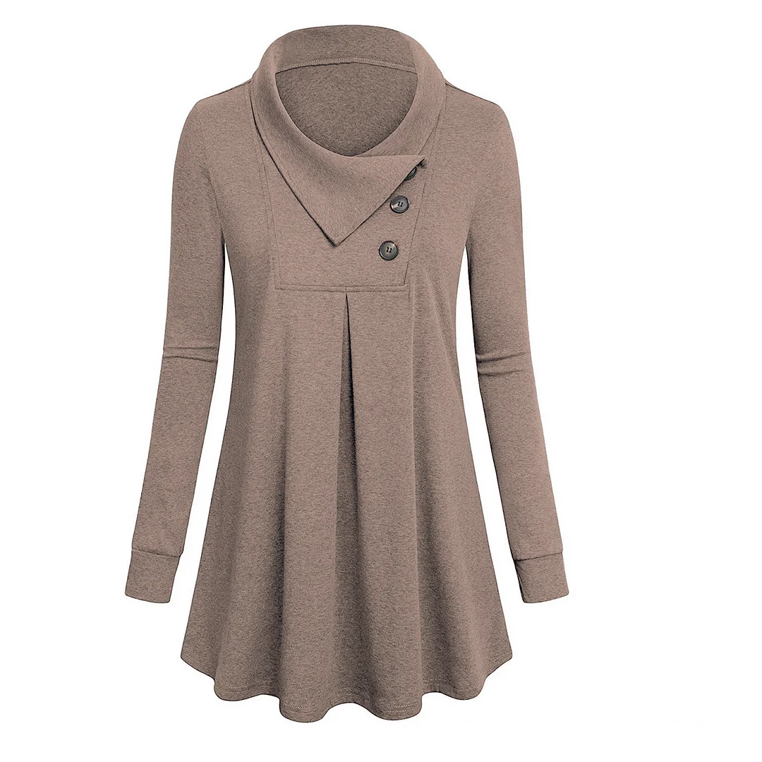 Plain Elegant Lapel Buttons Decoration Long Sleeve Casual T-shirt