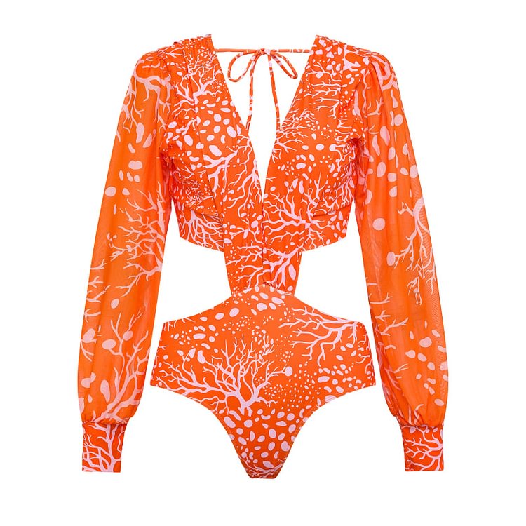 Flaxmaker Long Sleeve Cutout Orange One Piece Swimsuit