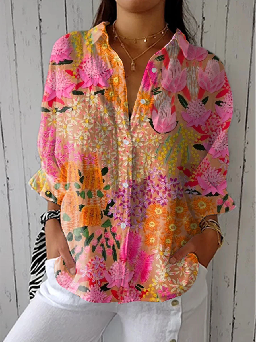 Women's Vintage Floral Art Print Casual Linen V-neck Shirt