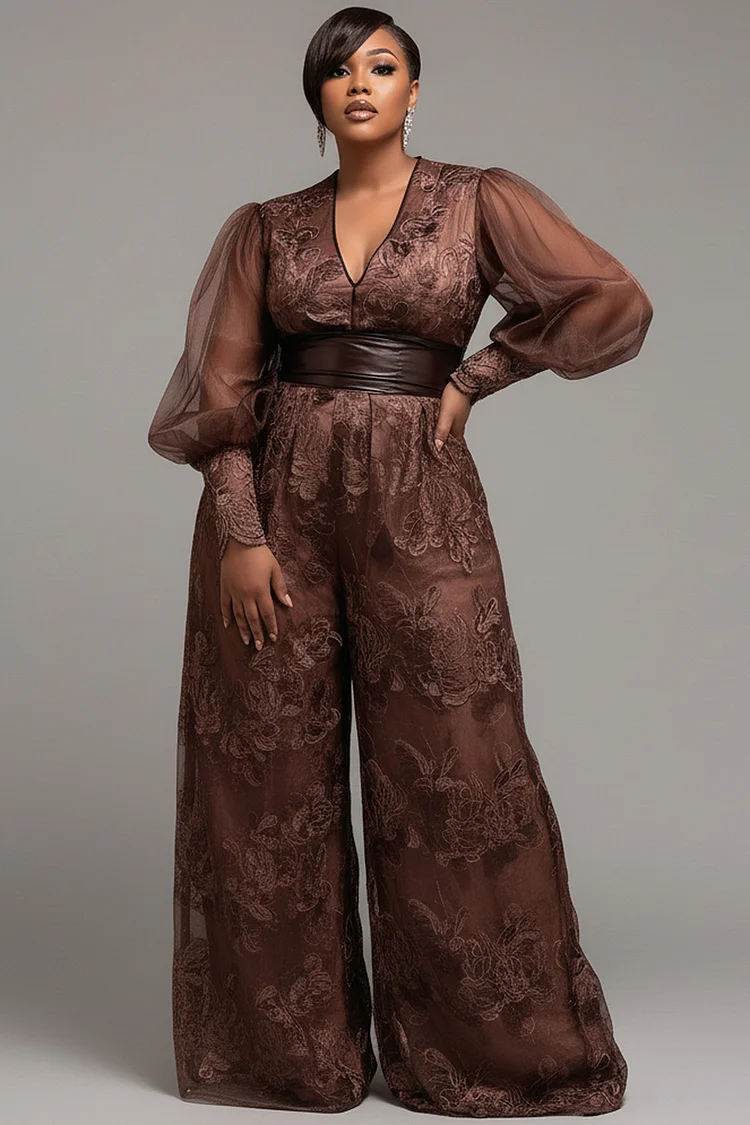 Xpluswear Design Plus Size Formal Tulle Brown V Neck Lantern Sleeve Long Sleeve Pocket Elegant See Through Lace Jumpsuits 2024 - Xpluswear