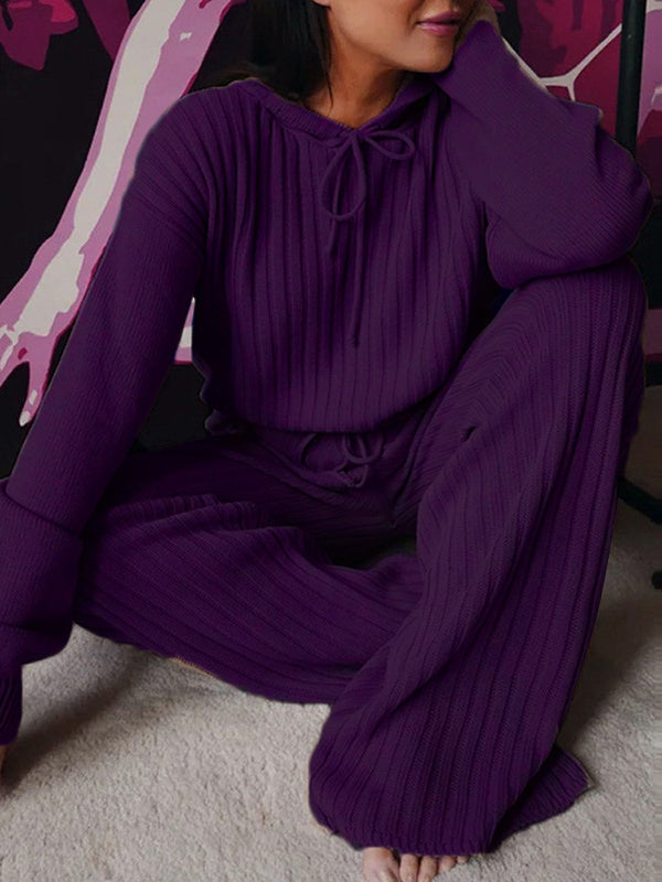 Women's Long Sleeve Hooded Solid Color Two-Piece Set