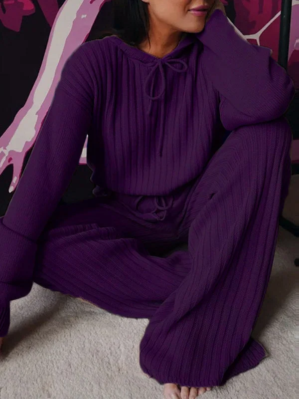 Women's Long Sleeve Hooded Solid Color Two-Piece Set