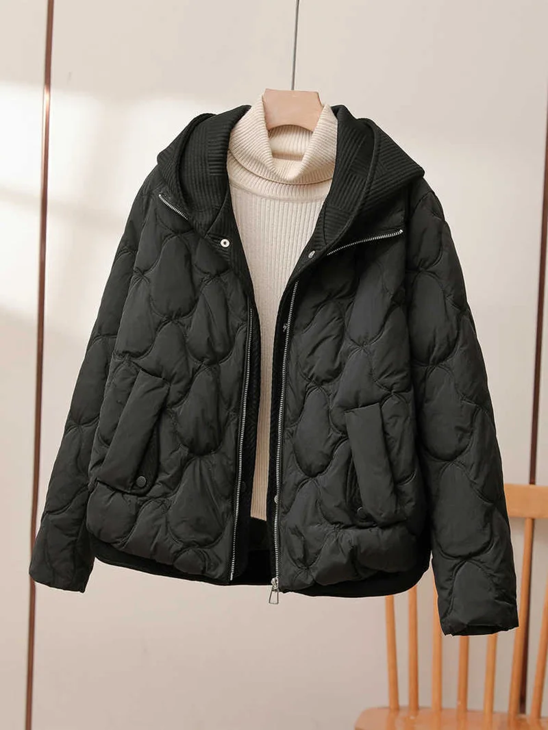 Woherb Fake Two Knitted Splicing Down Jacket Female 2024 Winter New Korean Version Fashion High-End Hooded White Duck Down Coat-Outfit Ideas