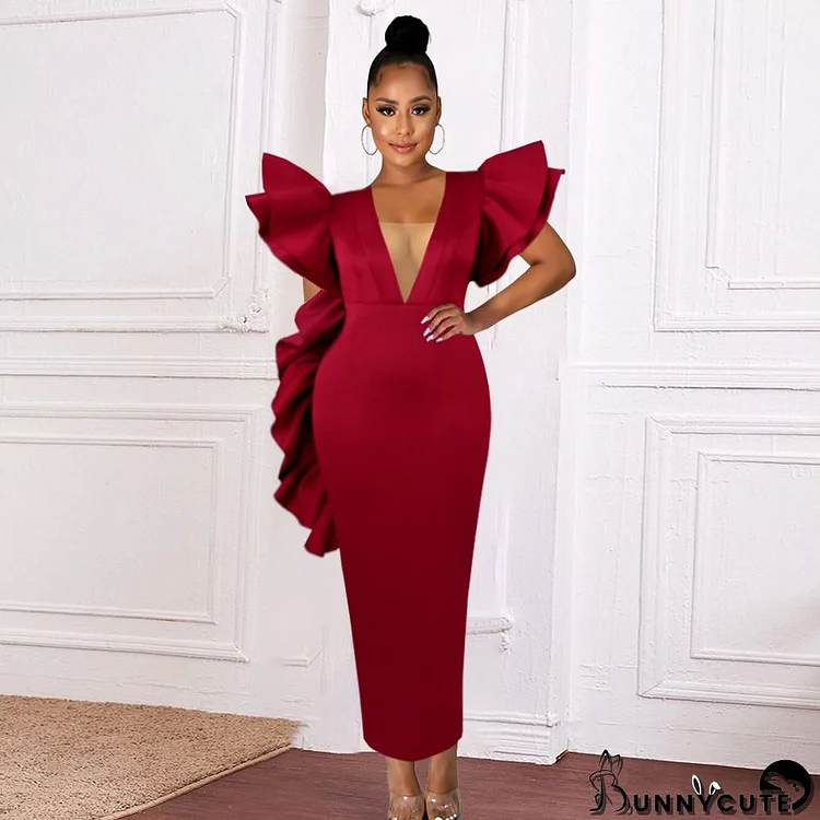 Women's Deep V Sexy Low Cut Dress Plus Size Ruffled Formal Party Dress